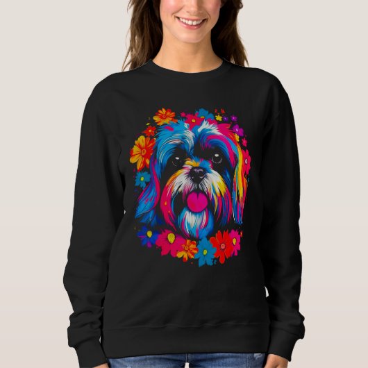 Cute Shih Tzu Dog Flowers スウェットシャツ (正面)