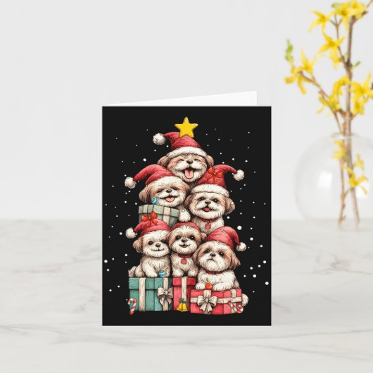 Cute Shih Tzu Le Dog Christmas Tree Xmas Hat Long カード (黄色い花)