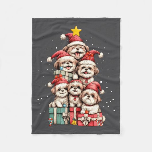 Cute Shih Tzu Le Dog Christmas Tree Xmas Hat Long  フリースブランケット (正面)
