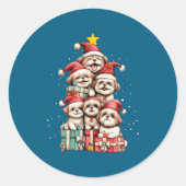 Cute Shih Tzu Le Dog Christmas Tree Xmas Hat Long ラウンドシール (正面)