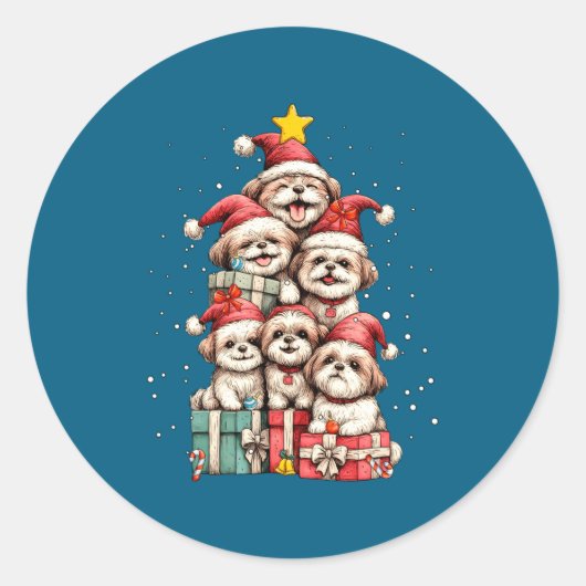 Cute Shih Tzu Le Dog Christmas Tree Xmas Hat Long ラウンドシール (正面)