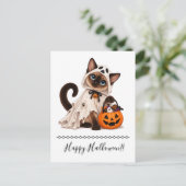 Cute Siamese Cat Ghost Halloween シーズンポストカード (スタンド正面)