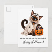 Cute Siamese Cat Ghost Halloween シーズンポストカード (正面/裏面)