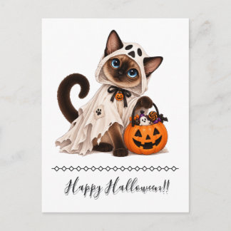 Cute Siamese Cat Ghost Halloween シーズンポストカード