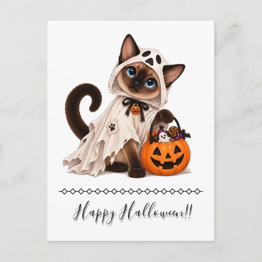 Cute Siamese Cat Ghost Halloween シーズンポストカード (正面)