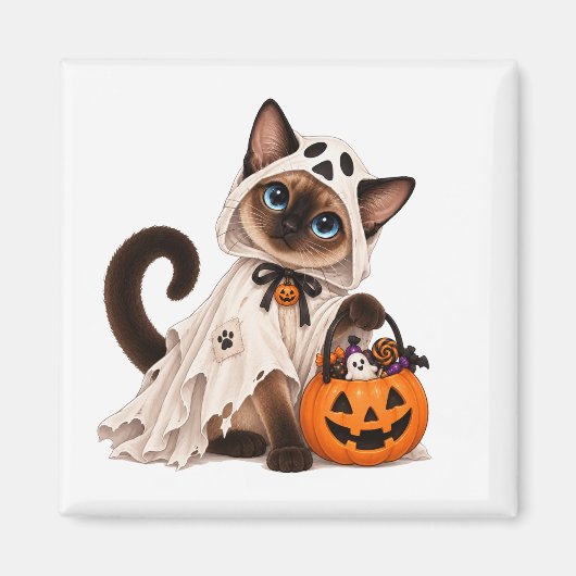 Cute Siamese Cat Ghost Halloween マグネット (正面)