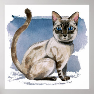 Cute Siamese Cat Watercolor Painting ポスター