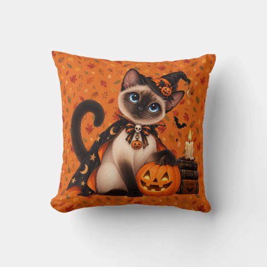 Cute Siamese Cat Witch Halloween クッション (正面)