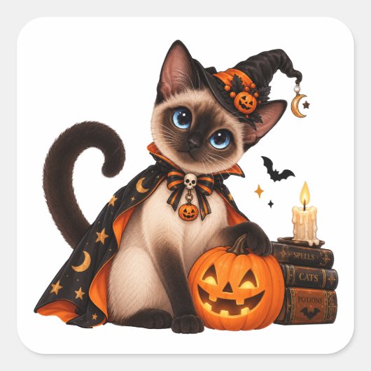 Cute Siamese Cat Witch Halloween スクエアシール (正面)