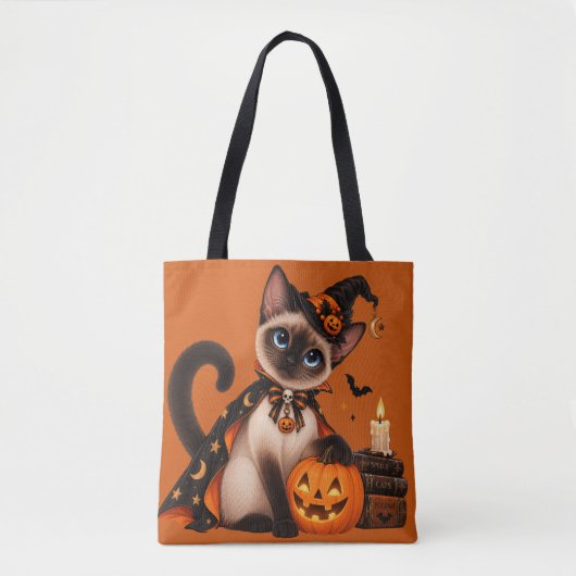 Cute Siamese Cat Witch Halloween トートバッグ (正面)