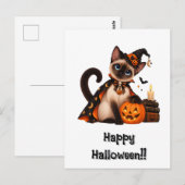 Cute Siamese Cat Witch Halloween ポストカード (正面/裏面)