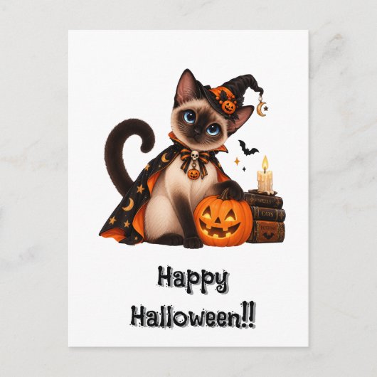 Cute Siamese Cat Witch Halloween ポストカード (正面)