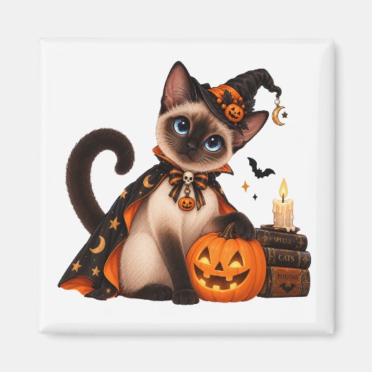 Cute Siamese Cat Witch Halloween マグネット (正面)
