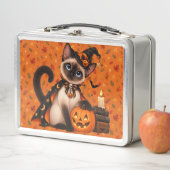 Cute Siamese Cat Witch Halloween メタルランチボックス (インサイチュ)
