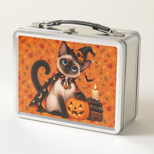 Cute Siamese Cat Witch Halloween メタルランチボックス (正面)