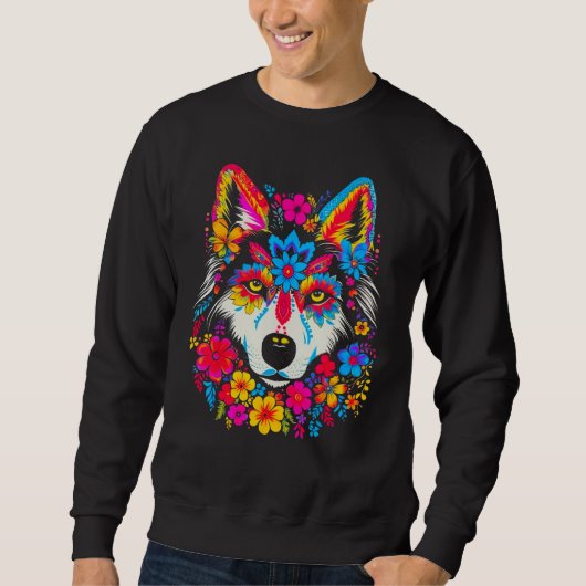 Cute Siberian Husky Dog Flowers スウェットシャツ (正面)