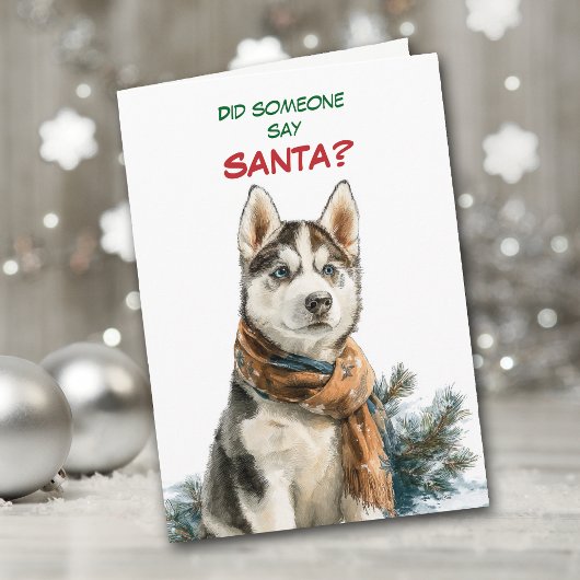Cute Siberian Husky Dog Looks for Santa シーズンカード
