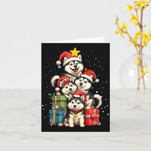 Cute Siberian Husky Le Dog Christmas Tree Xmas Hat カード (黄色い花)