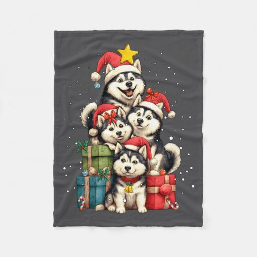 Cute Siberian Husky Le Dog Christmas Tree Xmas Hat フリースブランケット (正面)
