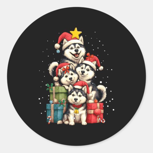 Cute Siberian Husky Le Dog Christmas Tree Xmas Hat ラウンドシール (正面)