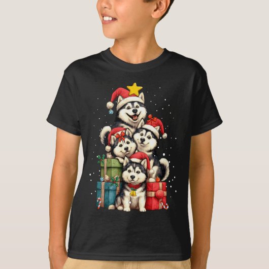 Cute Siberian Husky Le Dog Christmas Tree Xmas Hat Tシャツ (正面)
