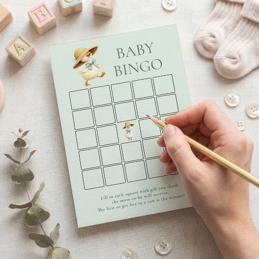 Cute Silly Goose Bingo Teal Baby Shower Game Card 招待状