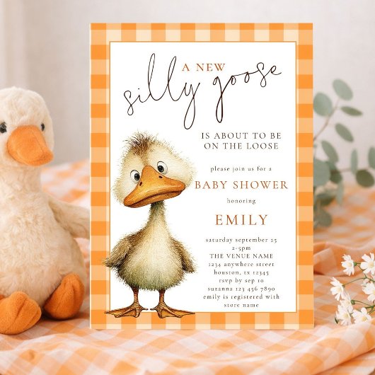 Cute Silly Goose Orange Gingham Baby Shower 招待状