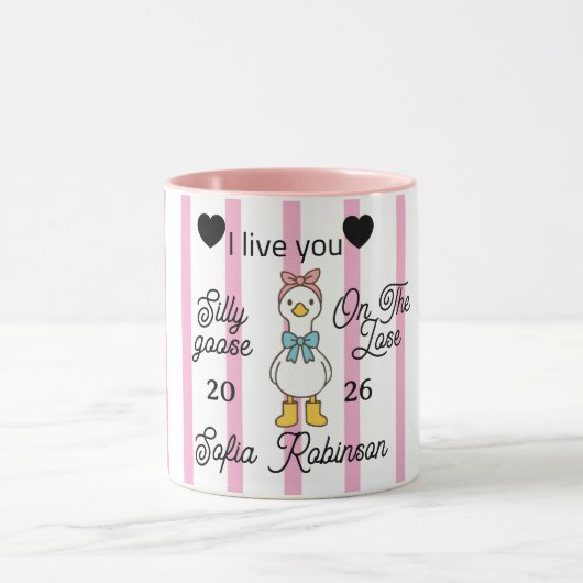 Cute Silly Goose Pink Stripe Personalized Mug マグカップ (中央)