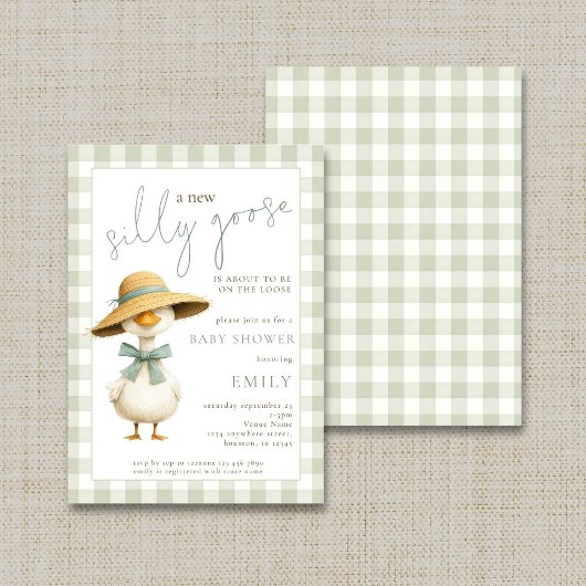 Cute Silly Goose Sage Gingham Baby Shower 招待状