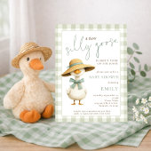 Cute Silly Goose Sage Gingham Baby Shower 招待状