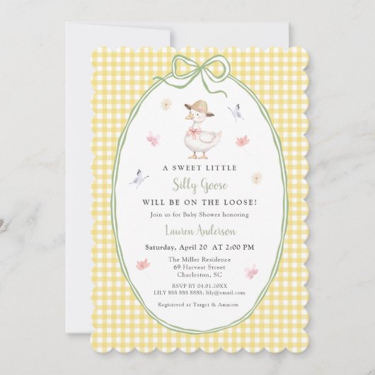 Cute Silly Goose Yellow gingham Baby shower  招待状 (正面)