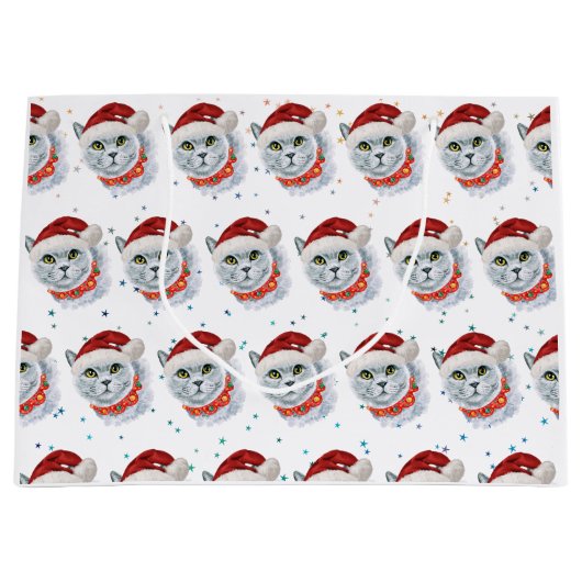Cute Silver Cat with Santa Hat Christmas ラージペーパーバッグ (正面)
