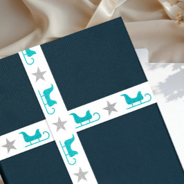 Cute Silver White Blue Sleigh Star Glitter Pattern サテンリボン