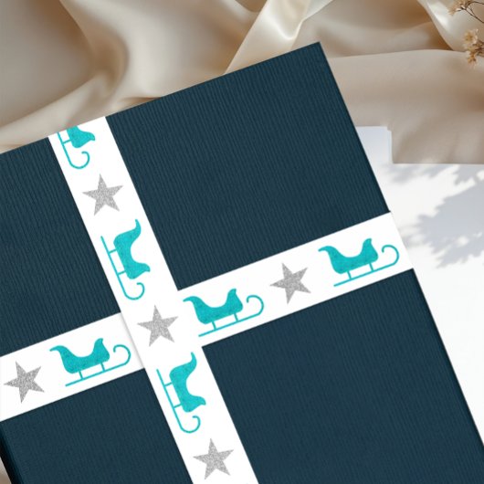 Cute Silver White Blue Sleigh Star Glitter Pattern サテンリボン