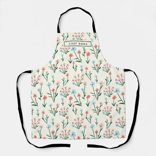 Cute Simple Botanical Pink Blue Flower Floral エプロン (正面)