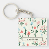 Cute Simple Botanical Pink Blue Flower Floral キーホルダー (正面)