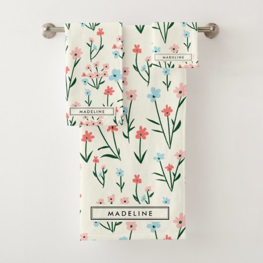 Cute Simple Botanical Pink Blue Flower Floral バスタオルセット (インサイチュ)