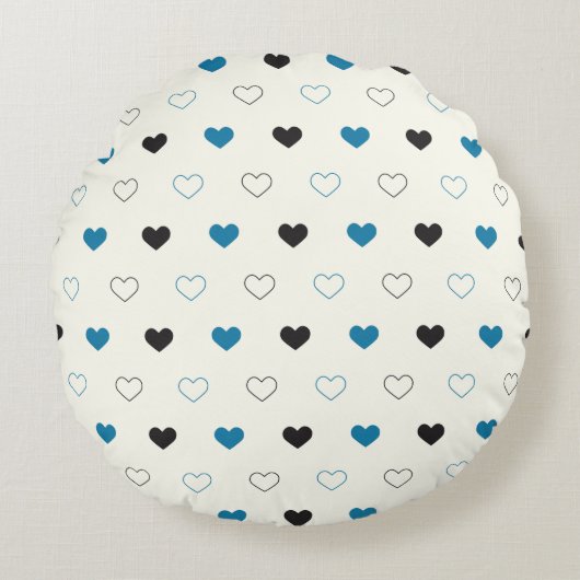 Cute Simple Heart Pattern blue black cream ラウンドクッション (正面)