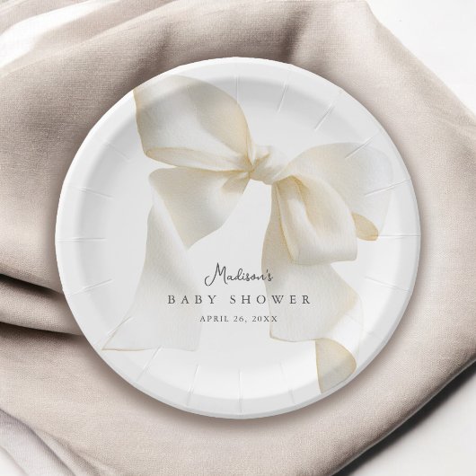 Cute Simple Ivory Bow Baby Shower ペーパープレート