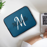 Cute Simple Stylish Monogram Name Initial Blue ラップトップスリーブ<br><div class="desc">Laptop case with a dark blue background and white custom monogram first initial and first name.</div>