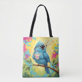 Cute Singing Blue Bird Stylish Tote | Cute Coffee  トートバッグ (正面)