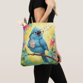 Cute Singing Blue Bird Stylish Tote | Cute Coffee  トートバッグ (クローズアップ)