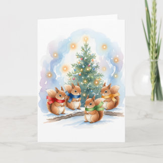 Cute Singing Woodland Squirrels Watercolor Holiday カード