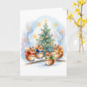 Cute Singing Woodland Squirrels Watercolor Holiday カード (黄色い花)