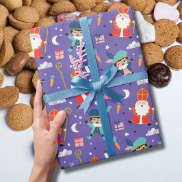 Cute Sinterklaas and Piet Pattern on Purple ラッピングペーパー