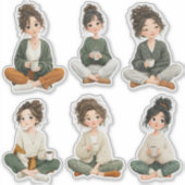 Cute Sitting Chibi Girl Coffee Stickers シール (正面)