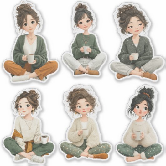 Cute Sitting Chibi Girl Coffee Stickers シール (正面)
