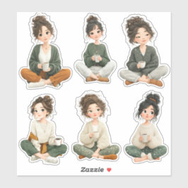 Cute Sitting Chibi Girl Coffee Stickers シール