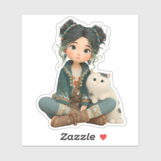 Cute Sitting Girl with Cat – Cozy Character Sticke シール