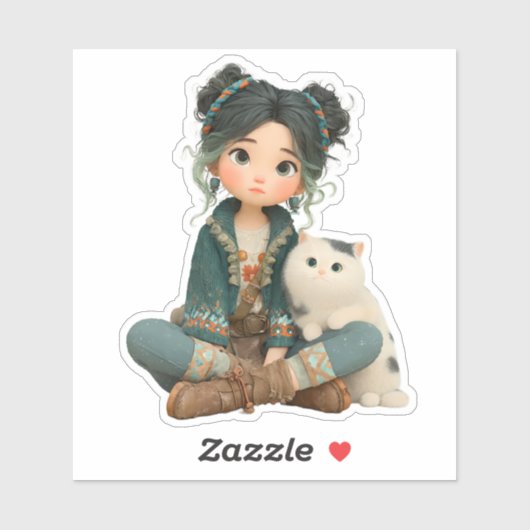 Cute Sitting Girl with Cat – Cozy Character Sticke シール (シート)